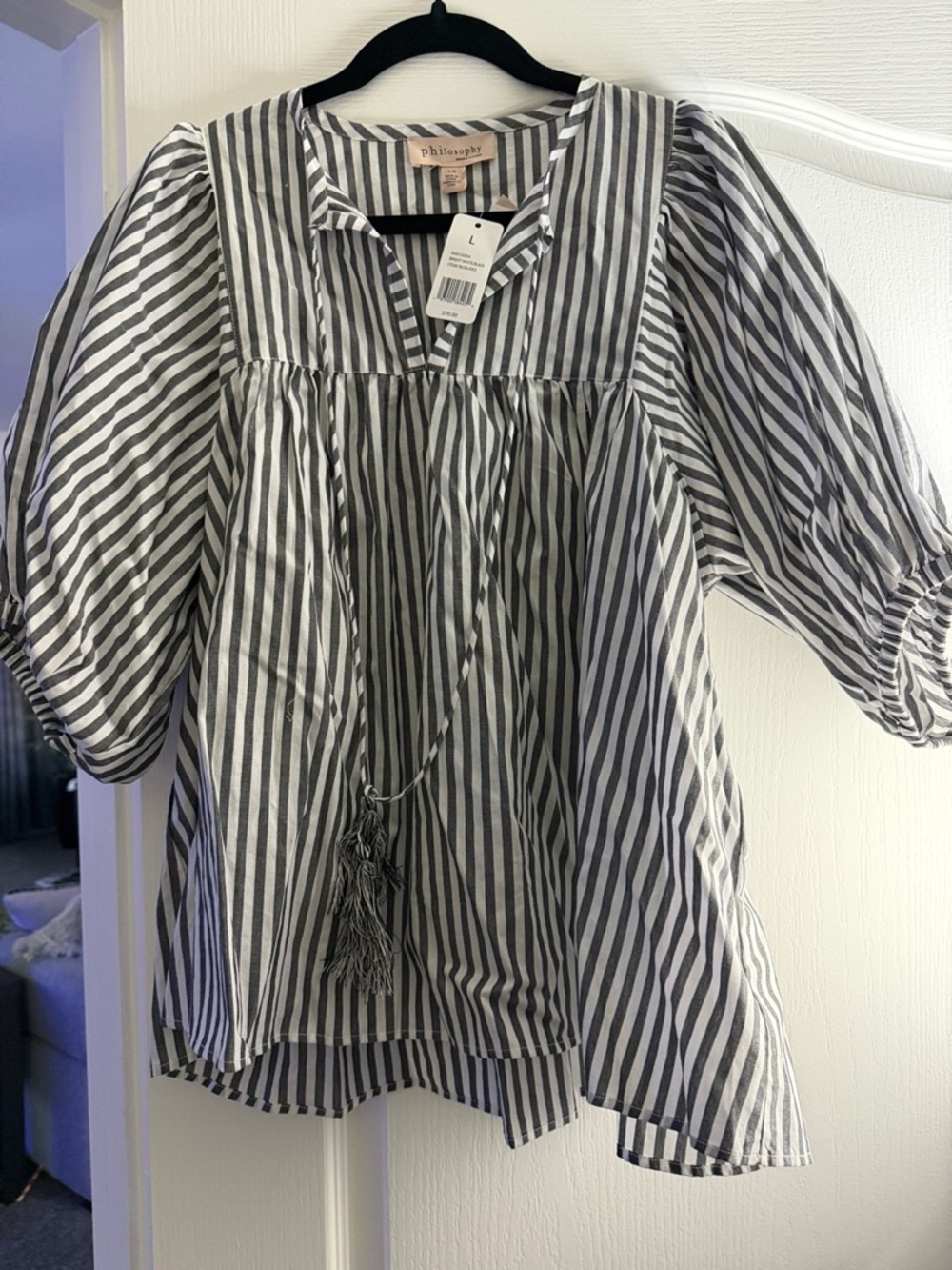 Philosophy black and white striped peasant top with tassel